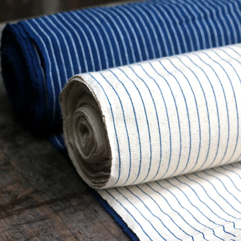 PVDF13 Indigo Plants Dyed Stripes Cotton Fabrics Bedding/Clothings/Sashiko/Patchwork/Decoration/Door Curtain Blue Cotton Fabrics