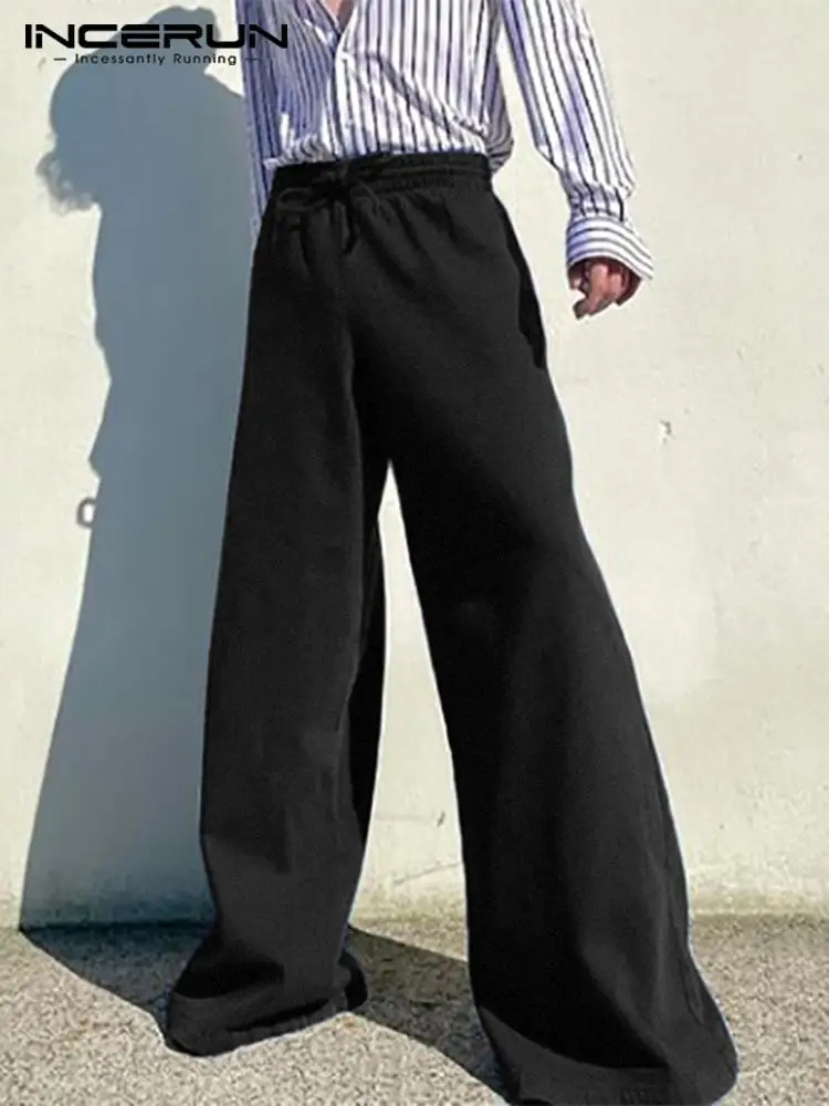 

INCERUN Men Wide Leg Pants Joggers Streetwear 2022 Drawstring Casual Long Trousers Men Solid Color Loose Fashion Pantalon S-5XL