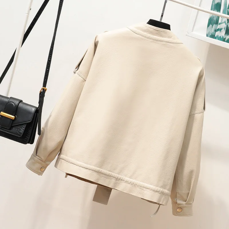 2023 autumn new loose version of women's short leather jacket stand-up collar short coat