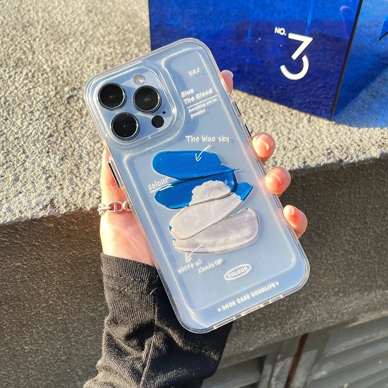 

INS Oil Painting Clouds Blue Sky Phone Case For iPhone 13 12 11 Pro Max X XR XS Max 14 Pro Max Graffiti Clear Shockproof Cover
