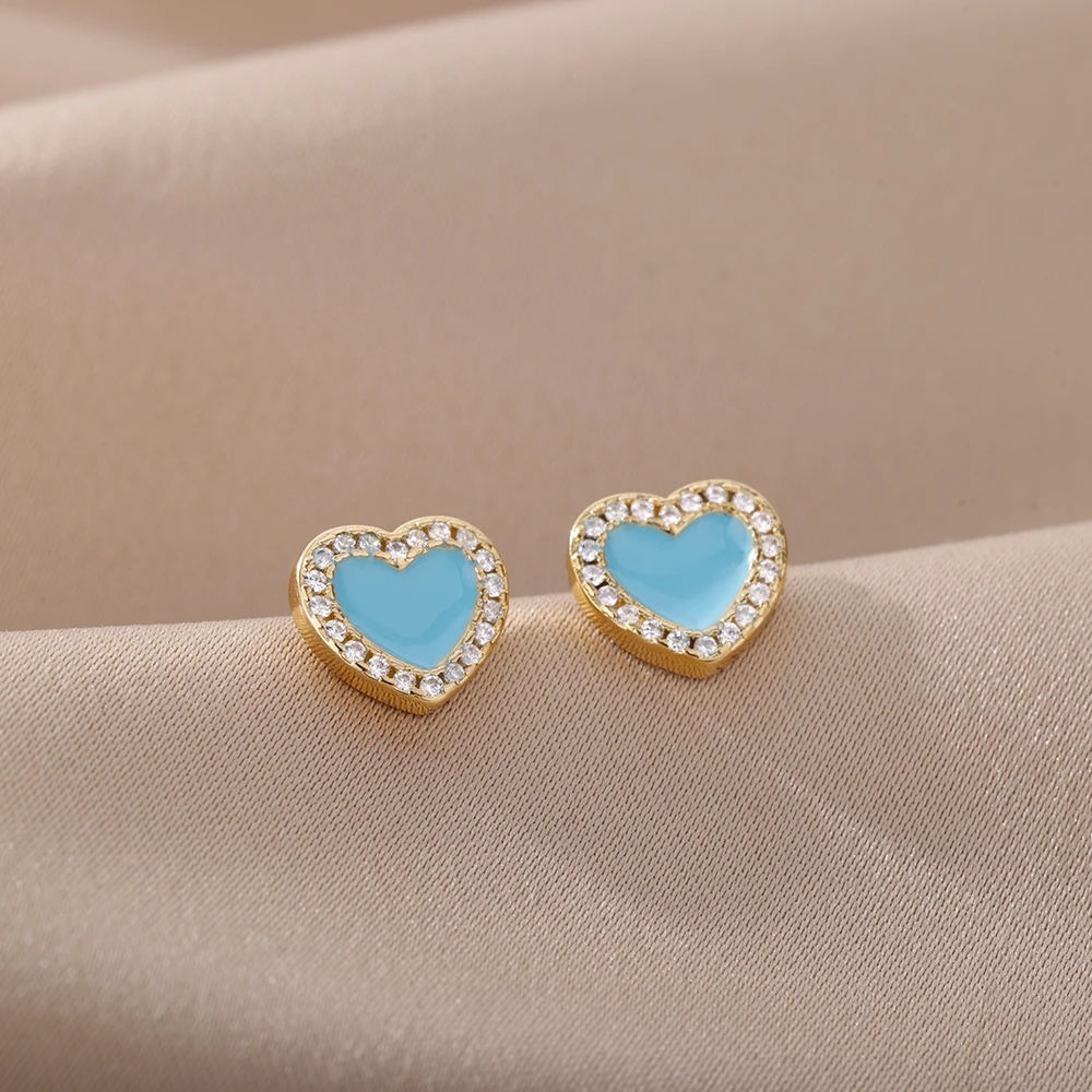 

Korean Fashion Gold Color Bling Heart Earrings Cute Zircon White Blue Pink Heart Stud Earrings For Women Fashion Boho Jewelry