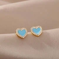 korean fashion gold color bling heart earrings cute zircon white blue pink heart stud earrings for women fashion boho jewelry