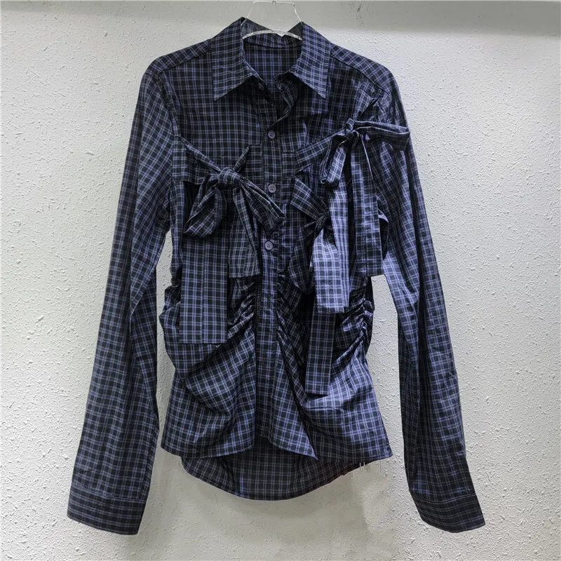 WTHT модная женская клетчатая рубашка с 3D бантами и морщинистой талией весна 2025