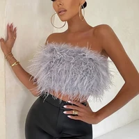 women artificial fur feather crop top vest sleeveless solid color strapless fluffy backless slim fit tube tops streetwear y2k