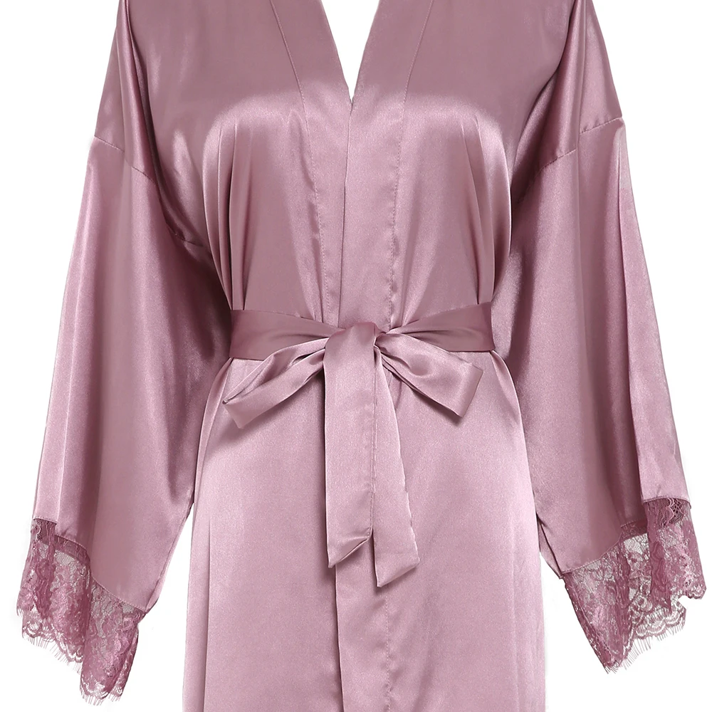 Women Sexy Gray Large Plain Bride Kimono Satin Silk Lace Robe Sleepwear Dress Gown Wedding Robe Bathrobe Ladies Long Gowns New