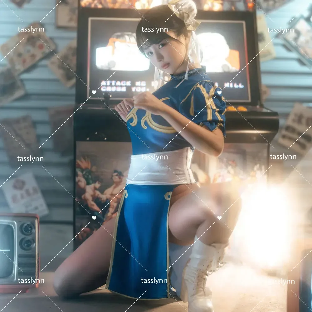 Игры костюмы для косплея Чунь ли Хэллоуина женское платье-Ципао синего цвета