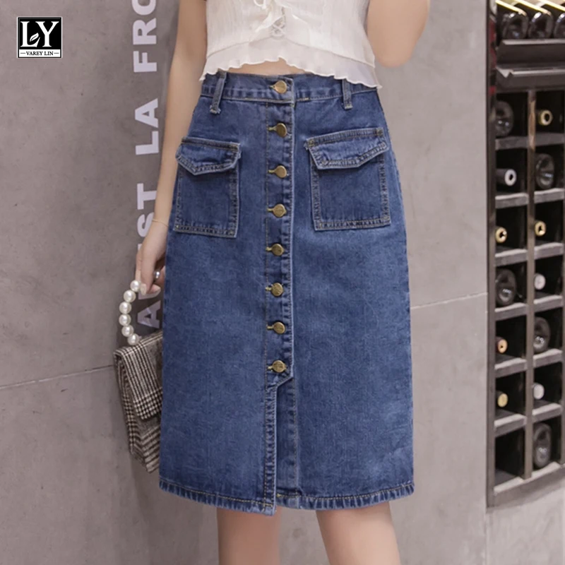 

LY VAREY LIN 2022 New Spring Summer Women Casual Single Breasted Denim Skirts Vintage High Waist A Line Mid Length Skirts Female