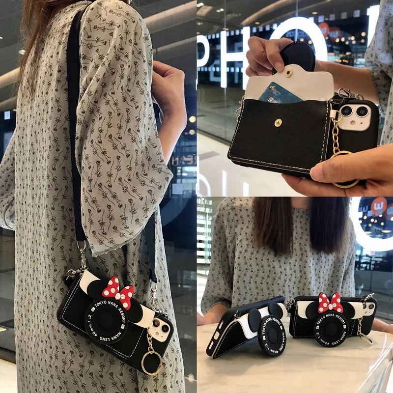 

Cartoon 3D mouse leather Wallet Lanyard soft Phone cover for iphone 14 13 12 Mini 11 pro MAX X XR XS 7 8 6S 6 plus