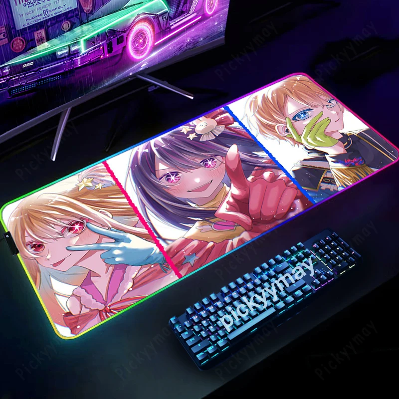 

Oshi No Ko RGB Gaming Mousepad Big LED Gamer Mousepads Luminous Mouse Pad Large Keyboard Mats Anime PC Desk Mat With Backlit