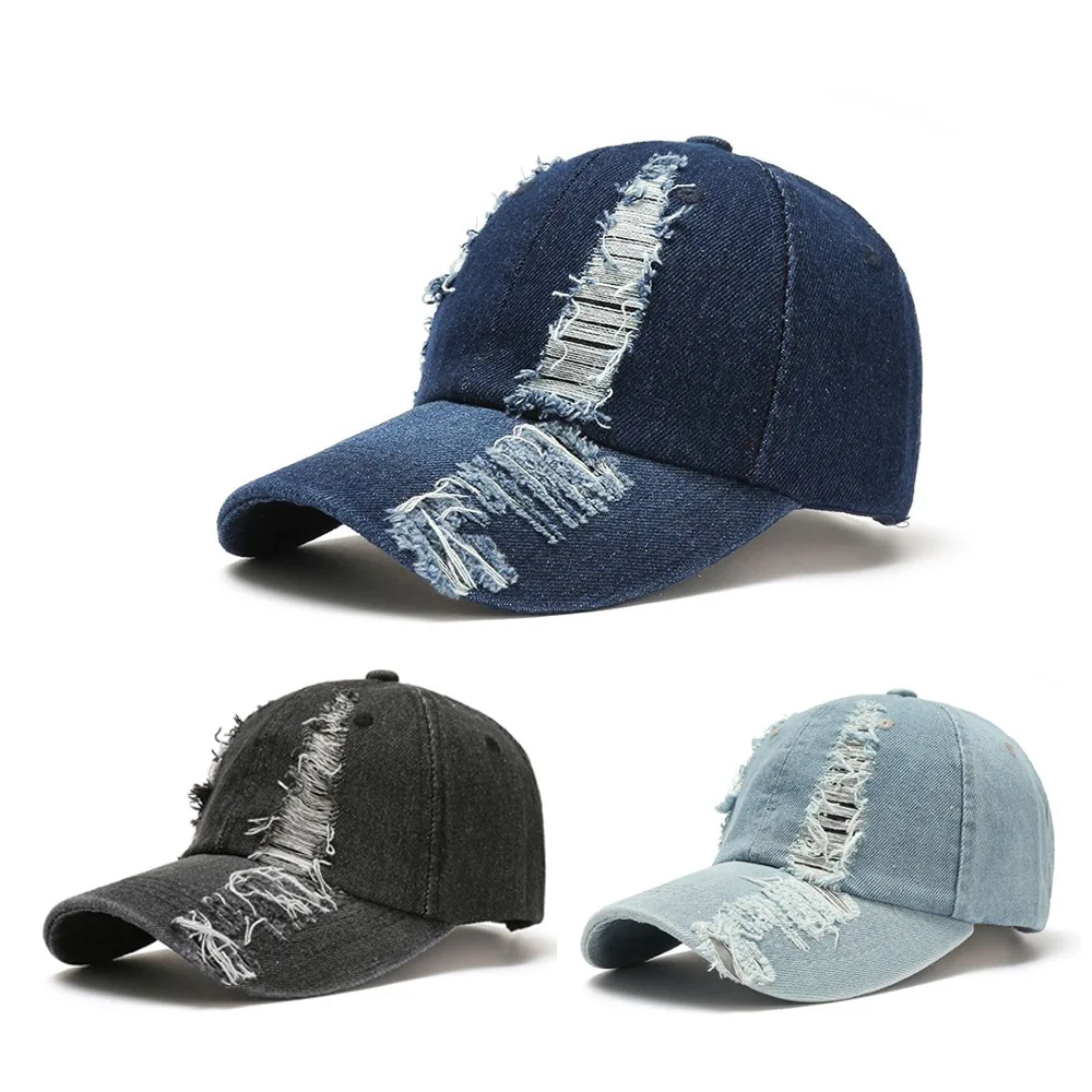 

Fashion Cool Women Men Vintage Ripped Cap Hat Female Male Denim Cotton Sunscreen fitted Washed Baseball Cap For Women Men