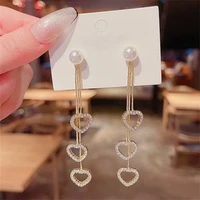 korean fashion zircon heart tassel pearl earrings for women delicate cutout bowknot long hanging drop earring statement jewelry