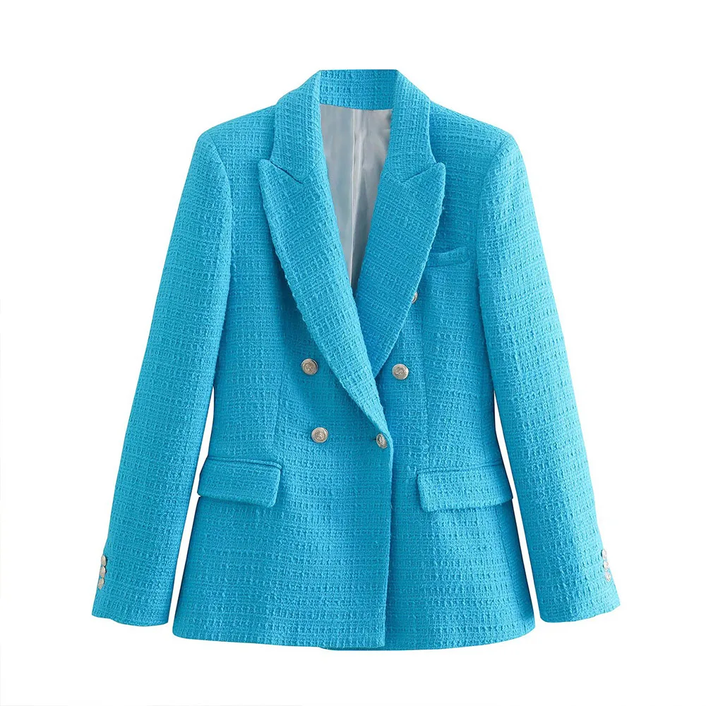 

ZATRHMBM 2022 Women's Spring/Summer New High Street Fashion Sky Blue Textured Double Breasted Ladies Blazer