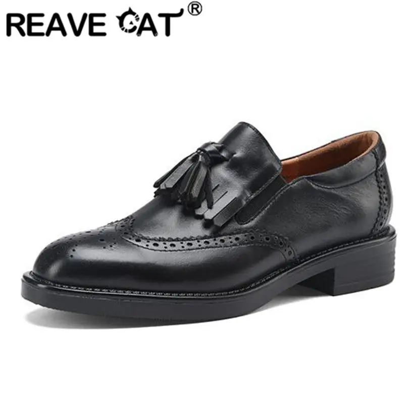 

Full Grain Genuine Leather REAVE CAT Lady Flats Round Toe Slip On Tassel Brogue Dress Shoes 34-39 Black Brown Retro Spring S3764