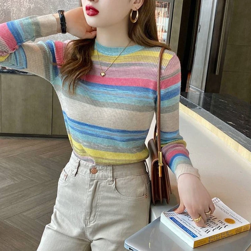 

Women Round Neck Long Sleeve Top Rainbow Striped Ribbed Knit Slim Fitted Sweater