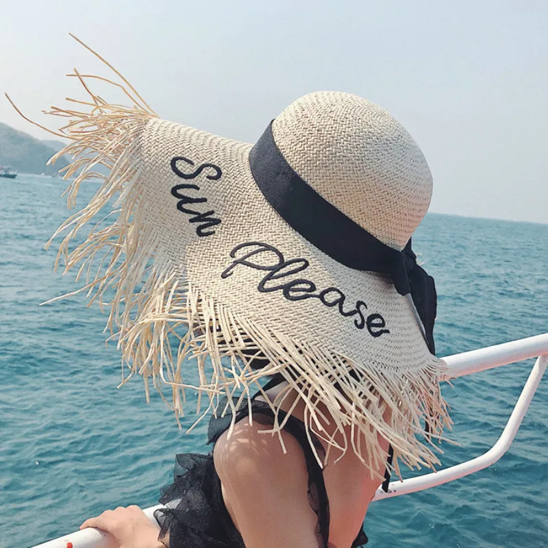 Sombrero de paja de gran tamaño para mujer, sombrero de Sol de ala grande de 18cm, letras bordadas, sombrero de playa de ala ancha, gorra de Panamá de viaje, nuevo estilo