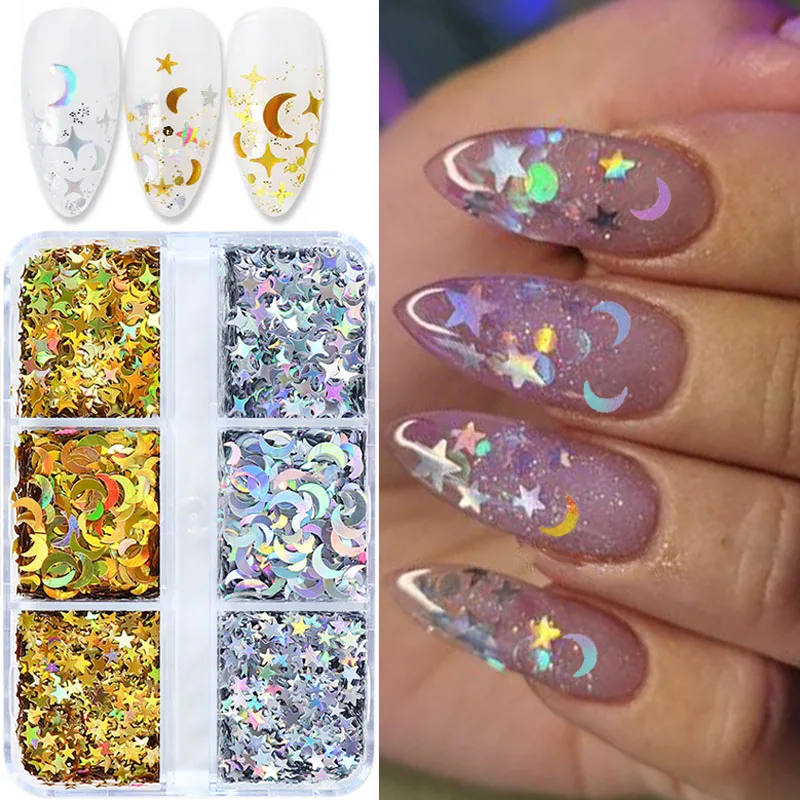 

6 Grids/Box Holographic Gold Silver Nail Sequins Shiny Nail Flakes Star Moon Heart Glitter Sequin for Makeup Nail Decor