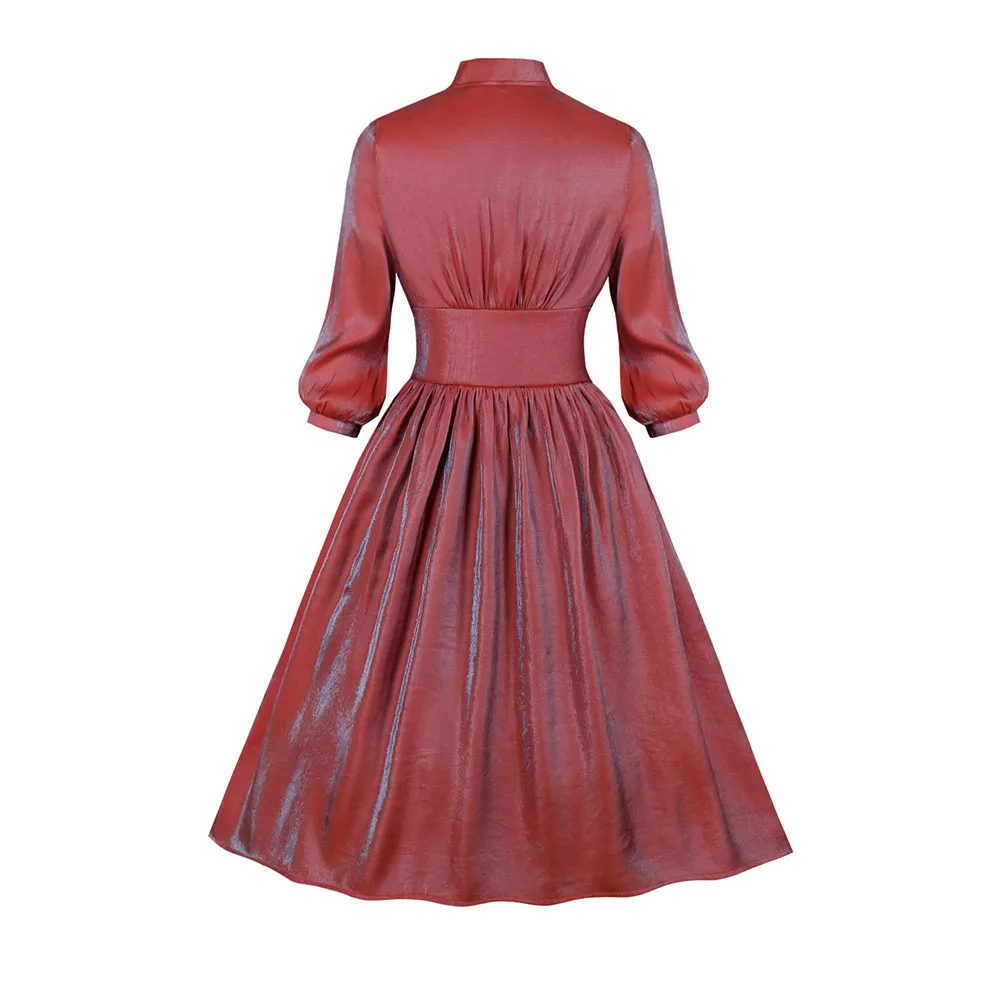 

Button Nine Points Sleeve V-Neck Mid-Calf Plain Women's Dress Elegant Pearlescent Female Retro Dresses Red Gothic A-line Dresses