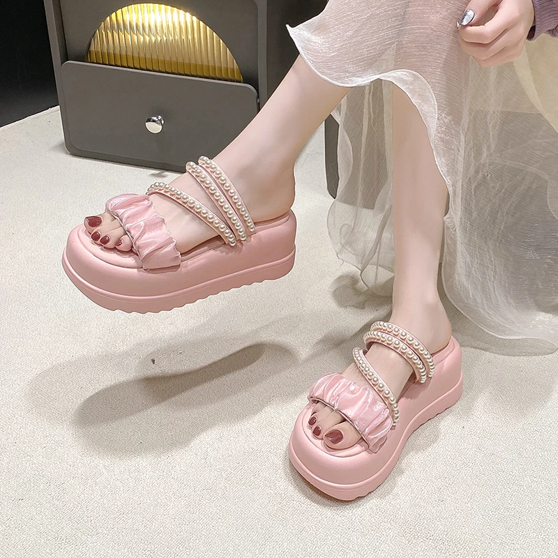 Women Pearl Wedge Sandals Summer 2023 Chunky Platform Slippers for Woman Thick Bottom Beach Flip Flops Gladiator Sandalias Mujer