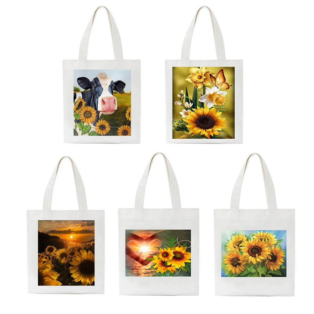 

Reusable Canvas Shopping Handbags Casual Ladies Creative Sunflower Printed Pattern Tote Large Capacity Storage Bags