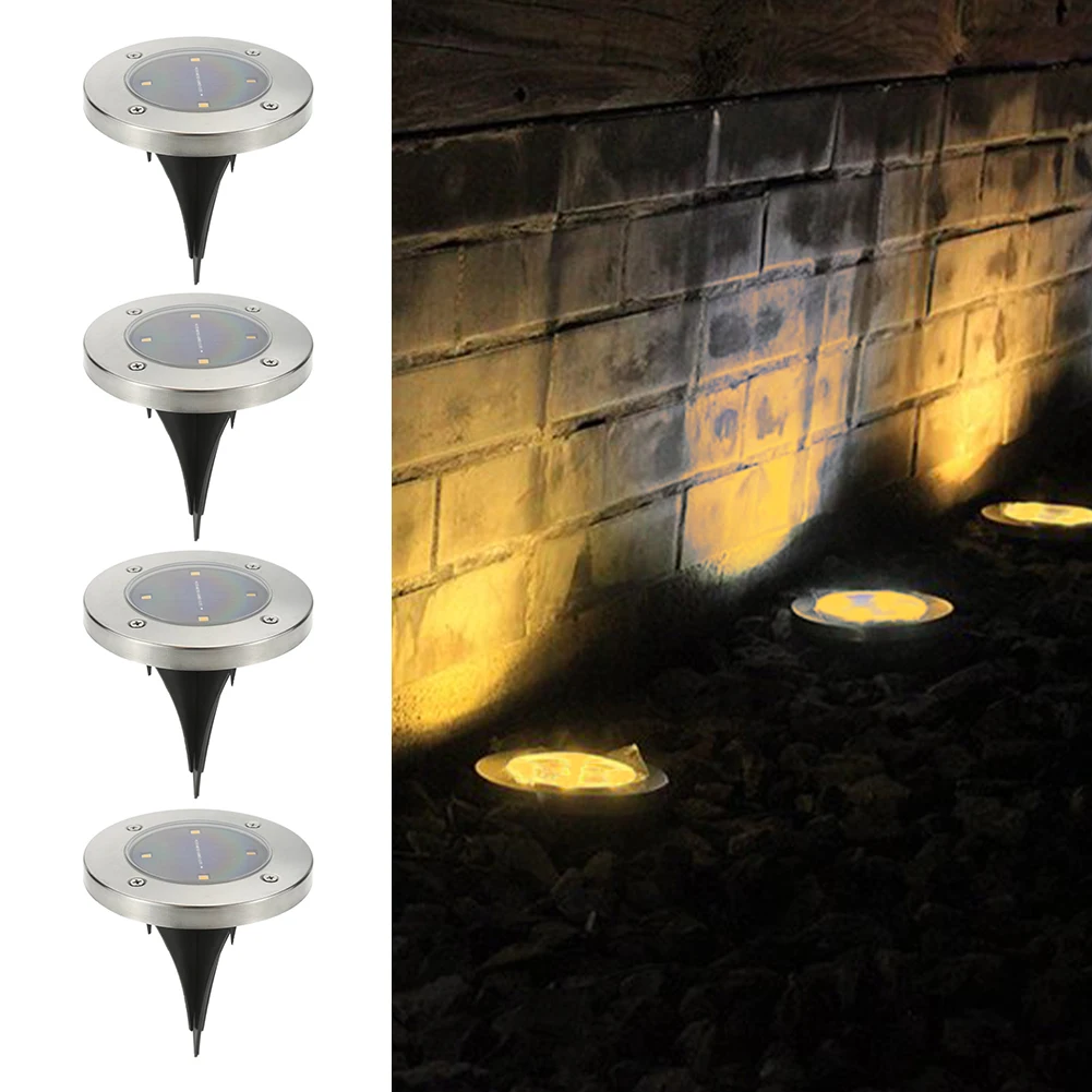 

4pcs Patio Lawn Stainless Steel For Yard Outdoor Garden Energy Saving Warm White 4 Led Walkway Solar Ground Light Universal