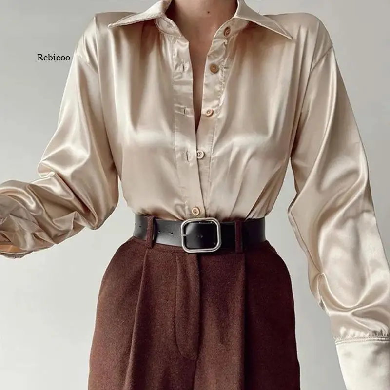 

Women 2022 Elegant Satin Solid Long Sleeve Blouses Female Chic Vintage Blue Green Casual Loose Fitting Buttons Down Shirts Tops
