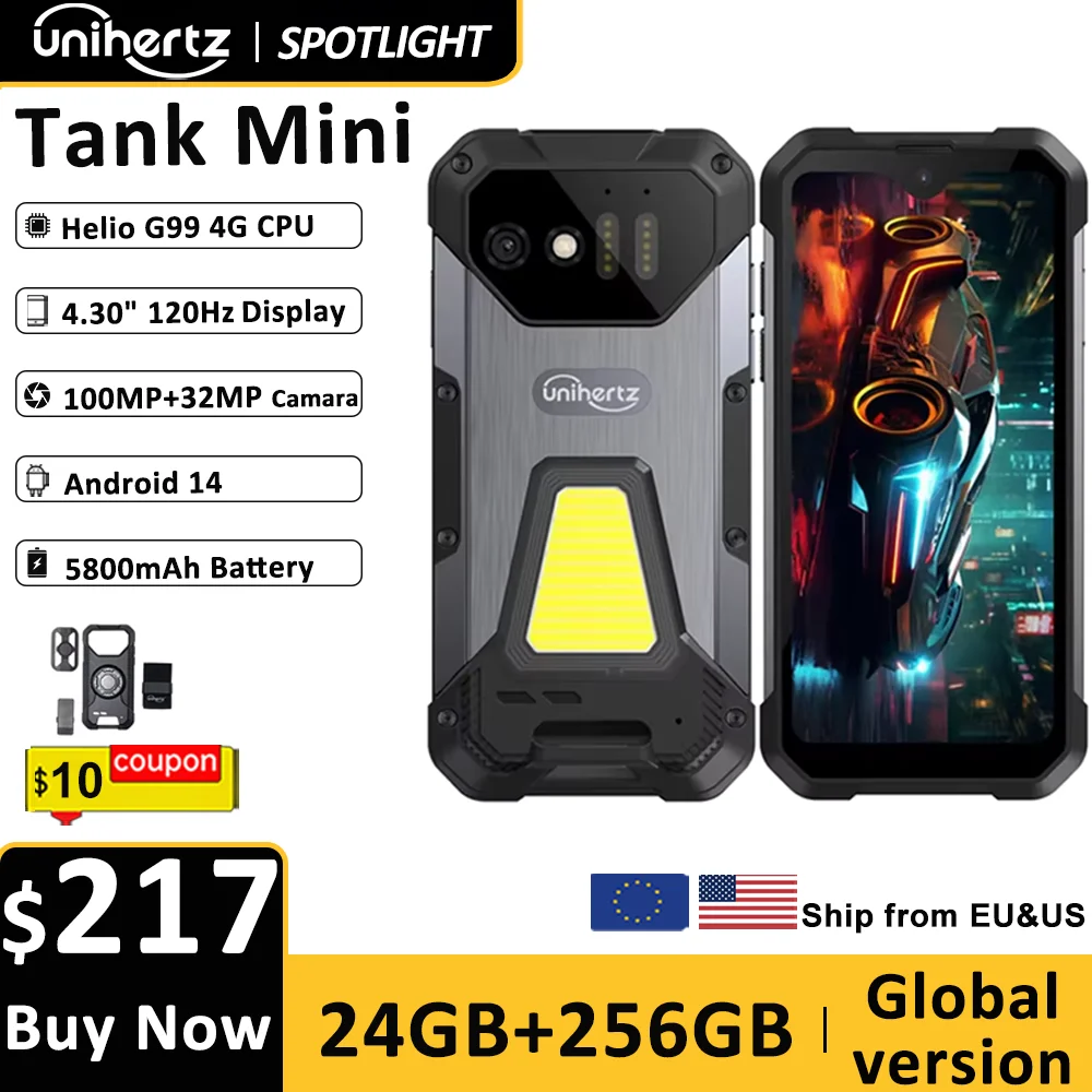 Фото Unihertz 8849 Tank Mini Прочный смартфон 4,3-дюймовый небольшой сотовый телефон 24 ГБ + 256 ГБ Android 13 5800 мАч 100 МП Камеры IP68/IP69K Телефон №1