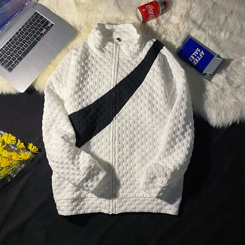 

Baseball jacket jacket Men's loose color contrast cardigan stand neck sweater