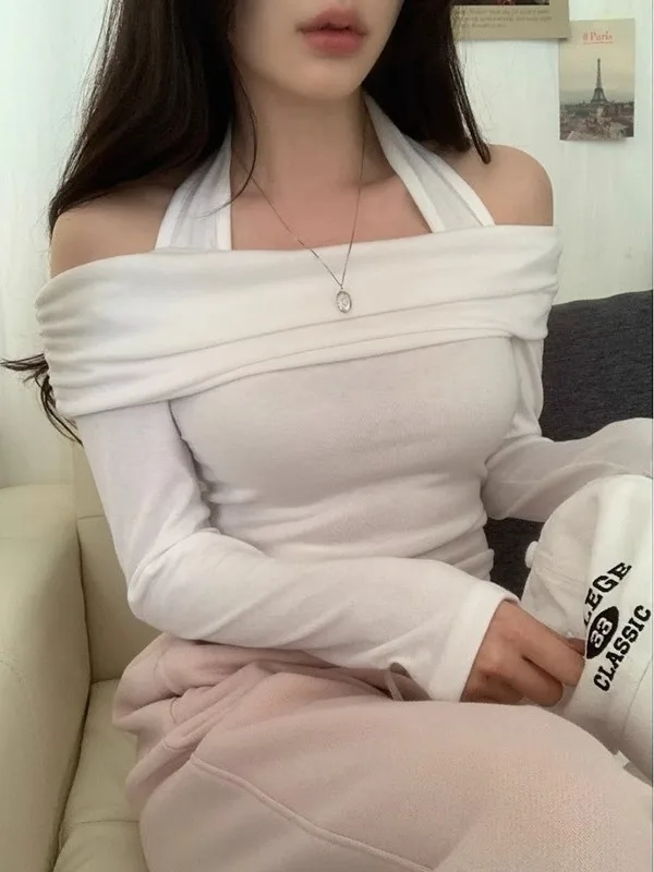 Женский пуловер с открытыми плечами однотонный облегающий топ и поясом модель F339