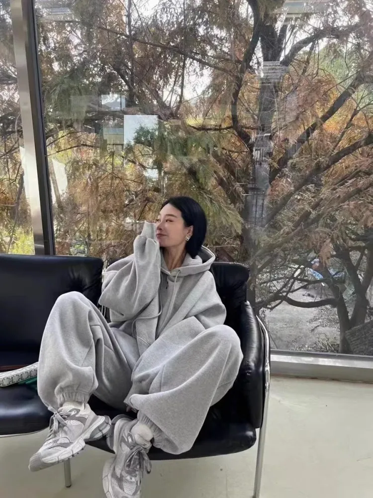 Серый спортивный комплект Женский весенне-осенний СВОБОДНЫЙ Модный свитшот с