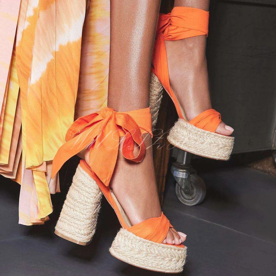 Orange Platform Espadarille Ankle Straps Sandals Thick Heel Cloth Belt Open Hollow Blue Denim Strap Riband Slingback Casual Shoe