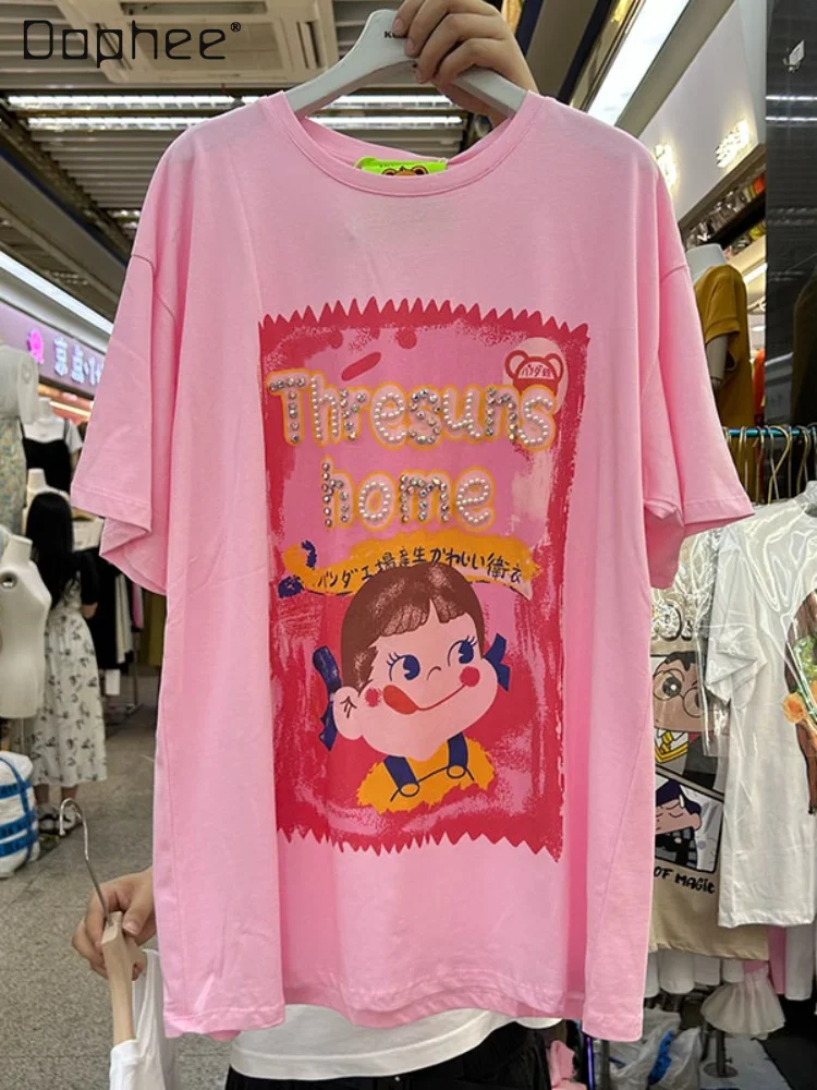 

Cute Pink Cartoon Printed Short Sleeve T-shirt Female Student 2023 Summer Thin Heavy Industry Beads Crew Neck Loose Women's Top