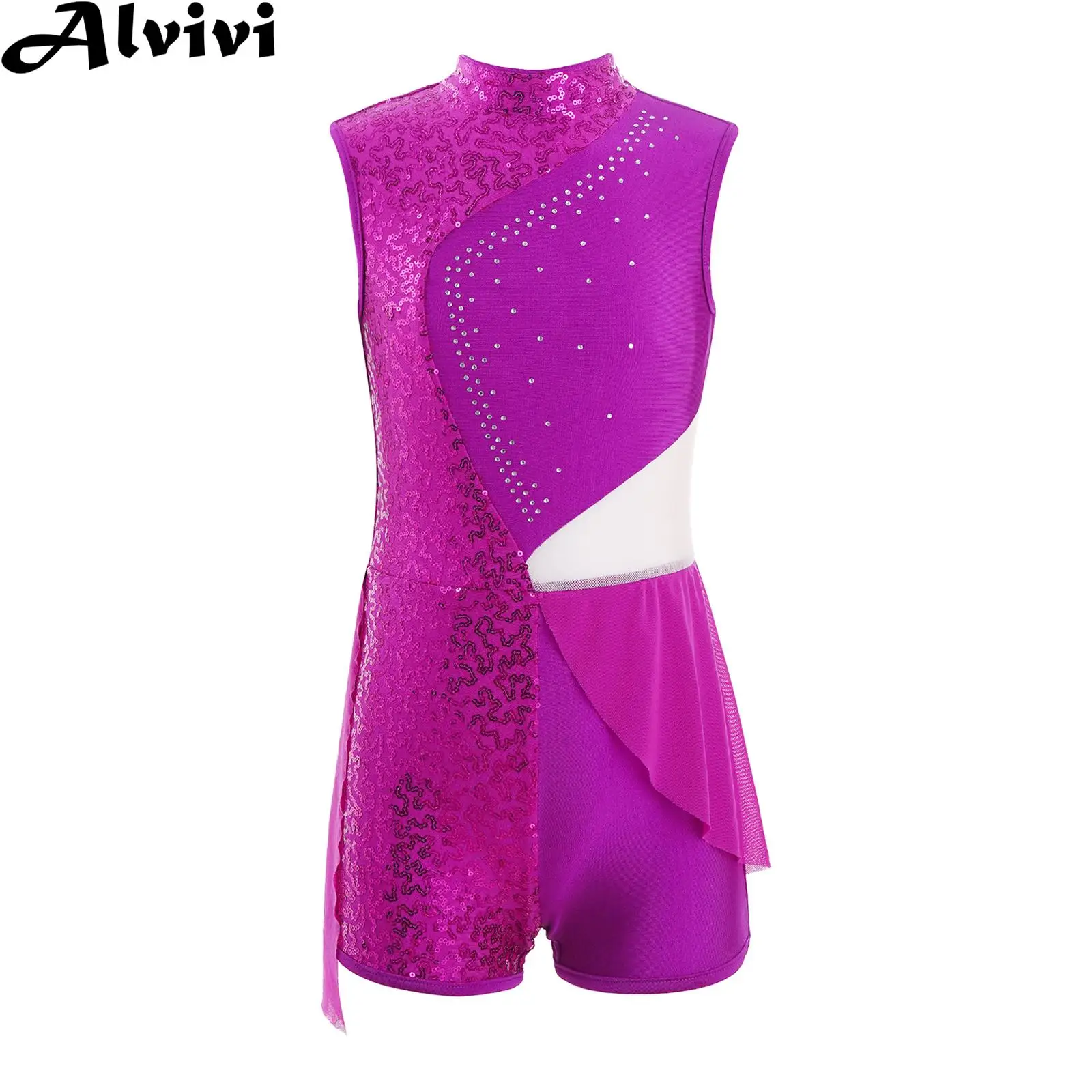 

Girls Ice Skating Clothes Sleeveless Sheer Mesh Sparkly Sequin Hollow Ballet Gymnastics Leotard Figure Roller Skating Bodysuit