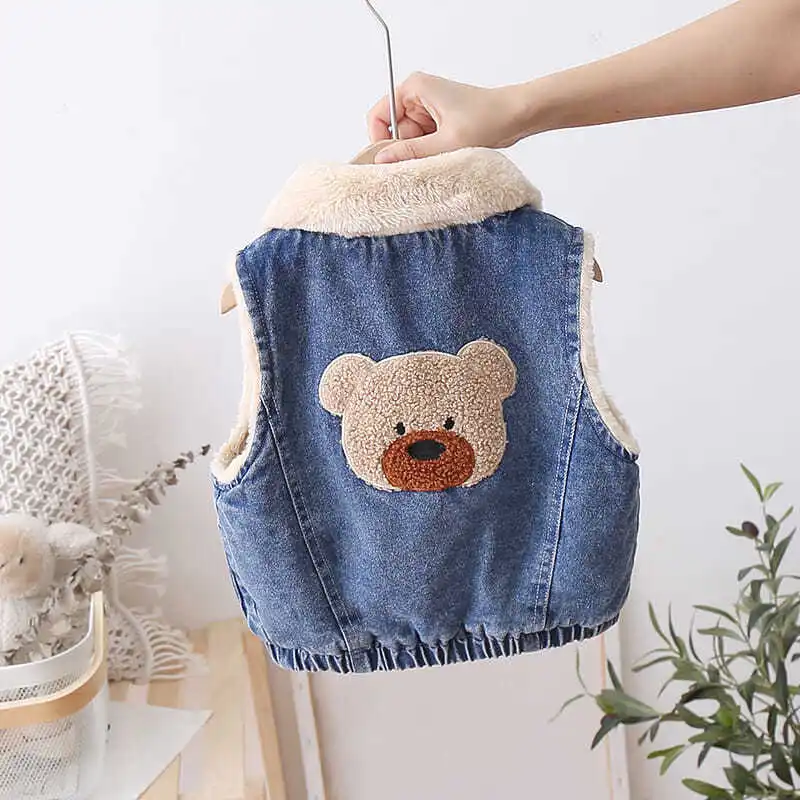 

Toddler Vest Children Turn-down Collar Fashion Button Jean Vest Kids Winter Clothes Warm Fur Vest Cute Bear Boys Denim Waistcoat