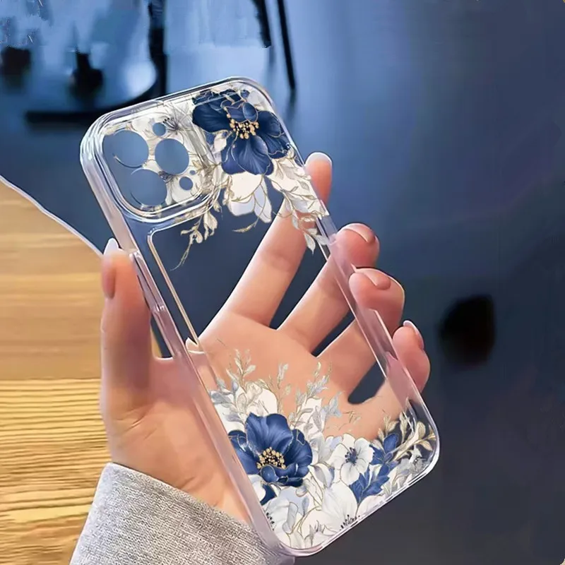 Прозрачный чехол для телефона с синими и белыми цветами для iPhone 17 16 15 14 Pro Max 13 12 11 XS X XR 7 8 Plus 16e 17Air, мягкий чехол из ТПУ (art.: 3920d42fd08ac) - 3920d42fd08ac