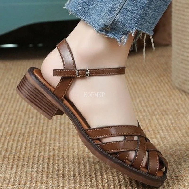 

New Fashion Cross Style Square Heels Slides Slippers Women Square Toe Ankle Strap Ladies Sandals Summer Runway Party Shoes 43