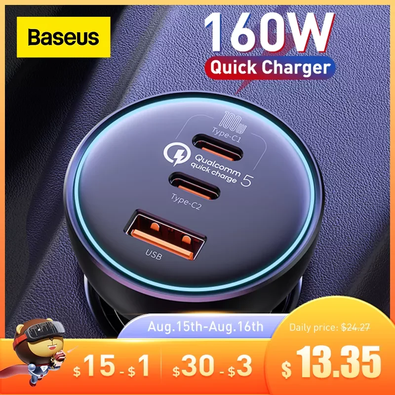 

NEW2023 Baseus 160W Car Charger QC 5.0 Fast Charging For iPhone 13 12 Pro USB Type C Quick Charger For Laptops Car Phone Charger