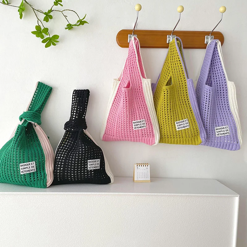 

Trendy Knit Contrasting Color Hollowed Out Label Single Shoulder Handbag, Versatile Handbag, Wrist Bag, Female