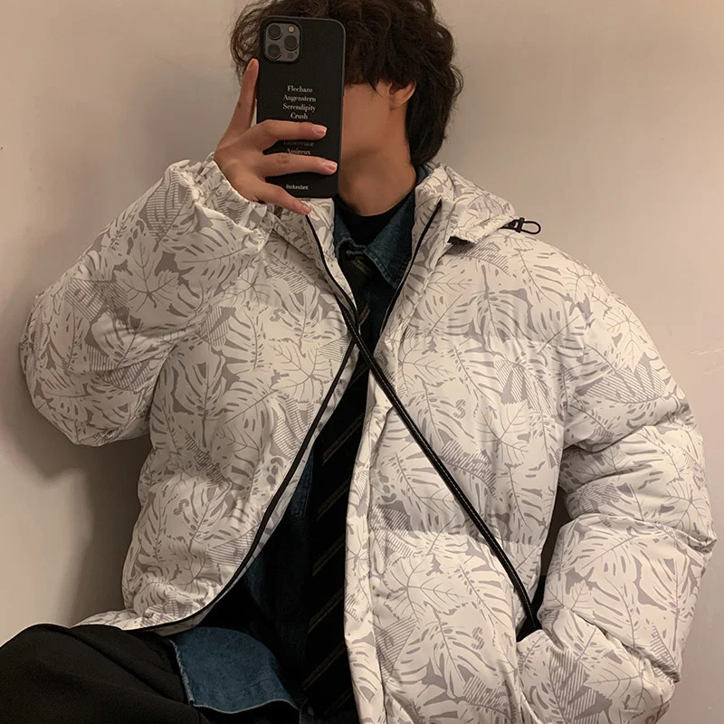 Winter Jacket Men Warm Fashion Printing Thick Hooded Jacket Men  Streetwear Korean Loose Thicken Short Coat Mens Parker Clothes