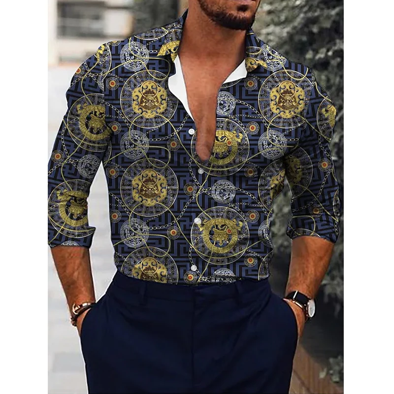 

Autumn Fashion Men Shirts Oversized Shirt Casual Vintage Print Long Sleeve Tops Men's Clothes Club Cardigan Blouses High Quality