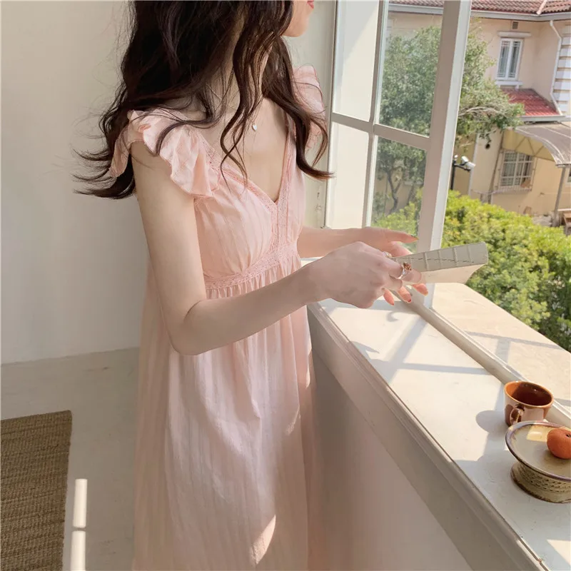New Korean Sleepwear Sweet Princess Style Halter Pajamas Women Summer Cotton Sleeveless V-neck Pajamas Home Wear Long Dress