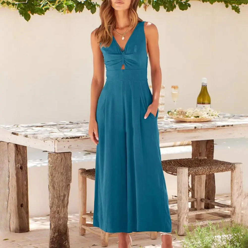 

Ladies Jumpsuit Deep V Neck Wide Leg Deep Crotch Summer Jumpsuit Solid Color Sleeveless Hollow Pockets Playsuit Women's Clothing