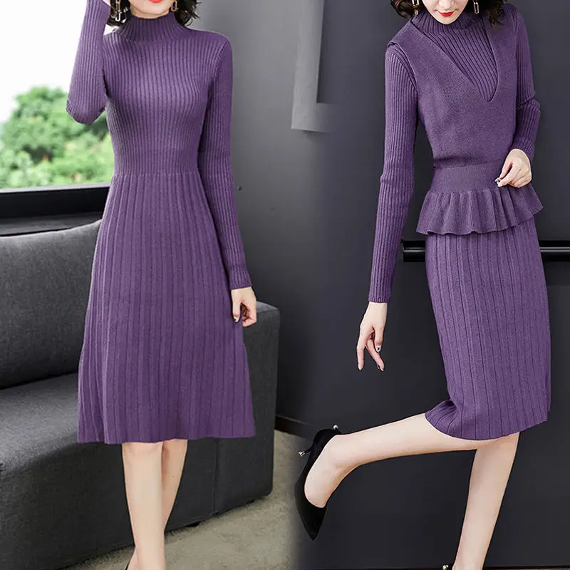 

Soft Office Lady Ruffles Women Suits 2 Pieces Female Elastic Waist Sets O Neck Cardigan & Midi Dress Ladies Knitted Dress T31