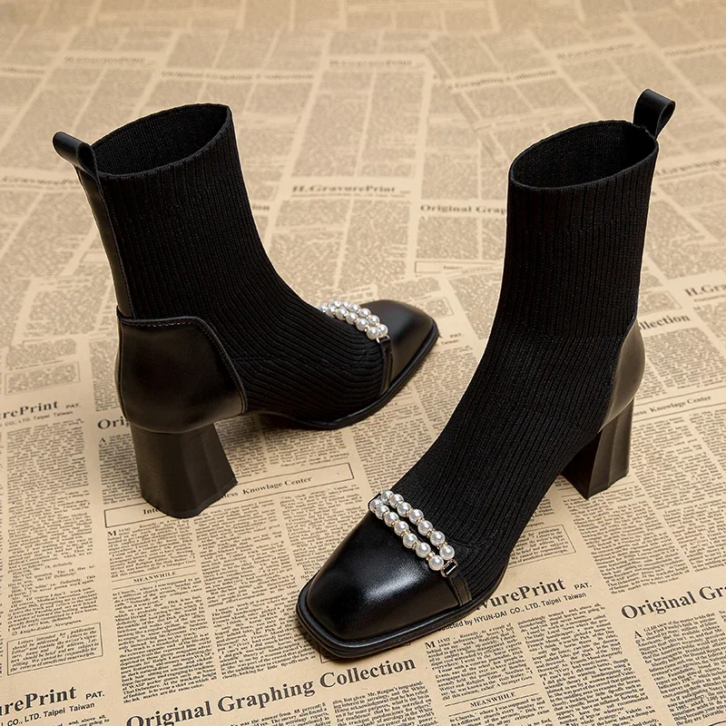 Женские эластичные носки на квадратном каблуке модная обувь с жемчужным декором