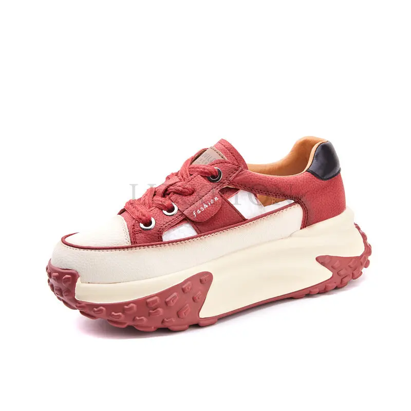 

Genuine Leather Summer Shoes Women Hollow Out Chunky Sneakers Female Vulcanize Comfy Lace Up Fashion Ladies Platform Shoes