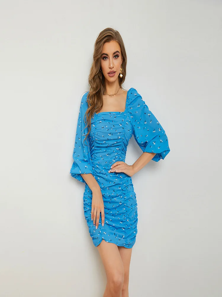 

PofashPofash2021 women's Chiffon floral dress autumn and winter new French square neck bubble sleeve pleat tight Hip Wrap Skirt