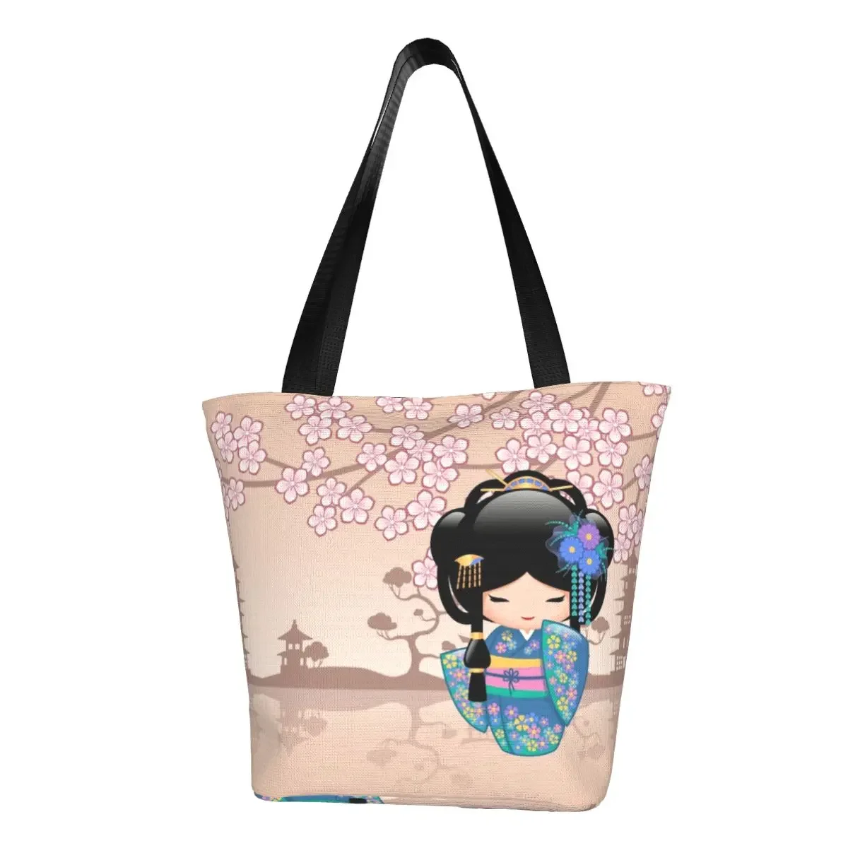 

Kawaii Japanese Keiko Kokeshi Doll Shopping Tote Bag Recycling Floral Sakura Cherry Blossom Canvas Grocery Shoulder Shopper Bag