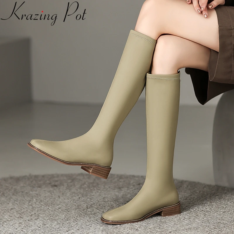 

Krazing Pot 2023 High Quality Square Toe Riding Stretch Boots Med Heels Fashion Classics Party Warm Winter Solid Knee High Boots