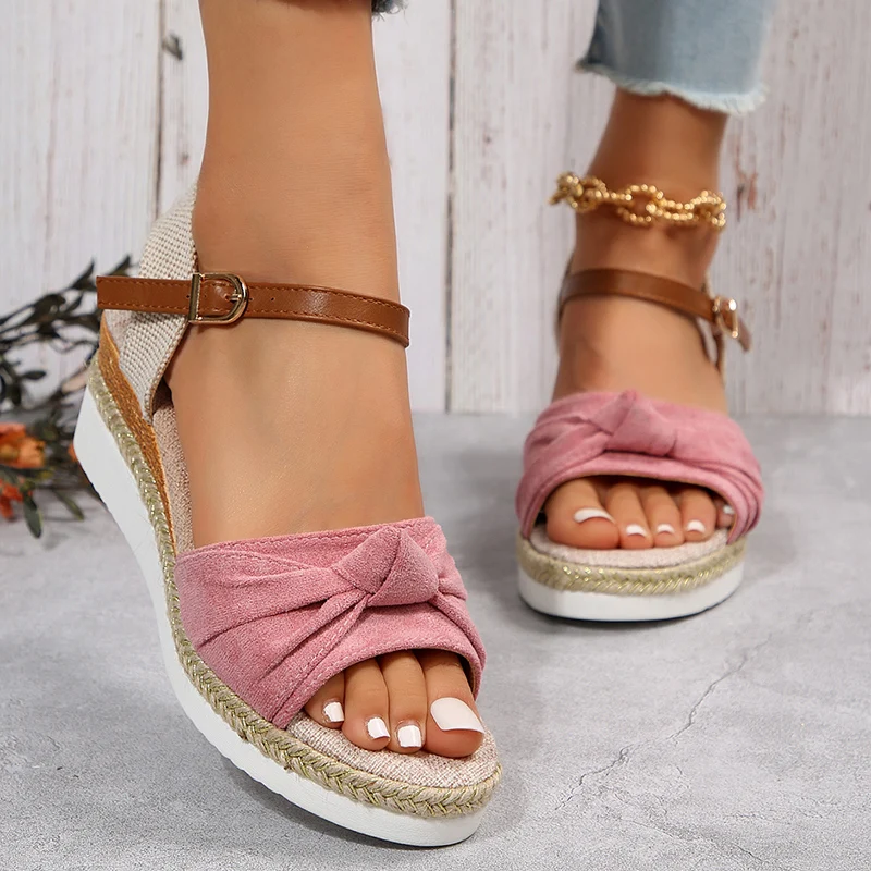 Summer Ladies Wedge Sandals Fashion Flock Thick Sole Roman Sandals Women Buckle Strap Casual Platform Sandalias Woman 2023