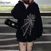 juicy apple 2022 womens sweatshirt spider web zip hoodie with rhinestones goth clothes vintage hoodies y2k black coats autumn