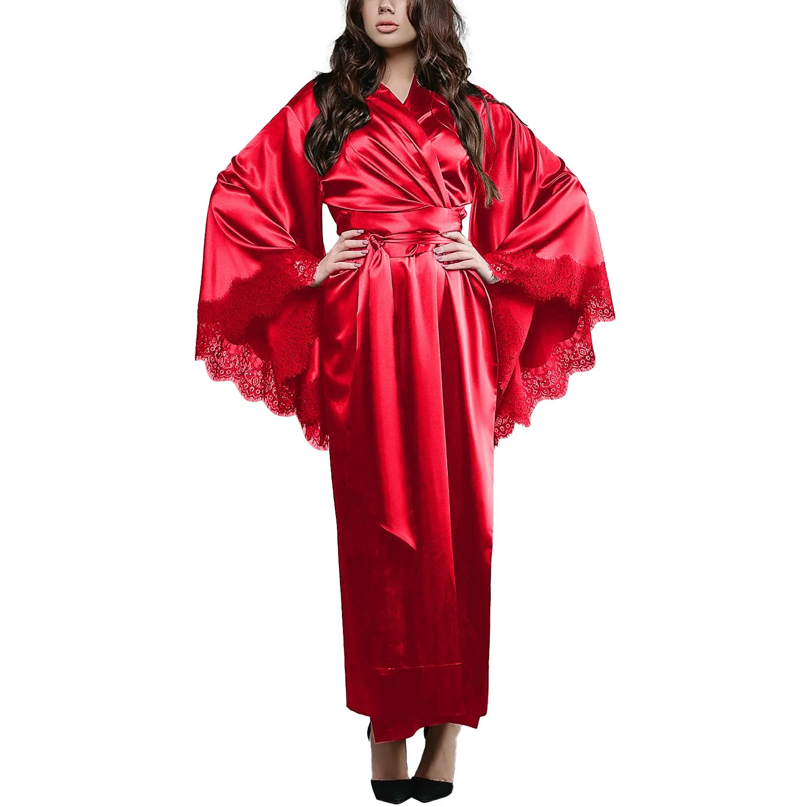 

Satin Kimono Robe Long Bridesmaid Wedding Bath Robe With Lace Trim Dark Robe Set